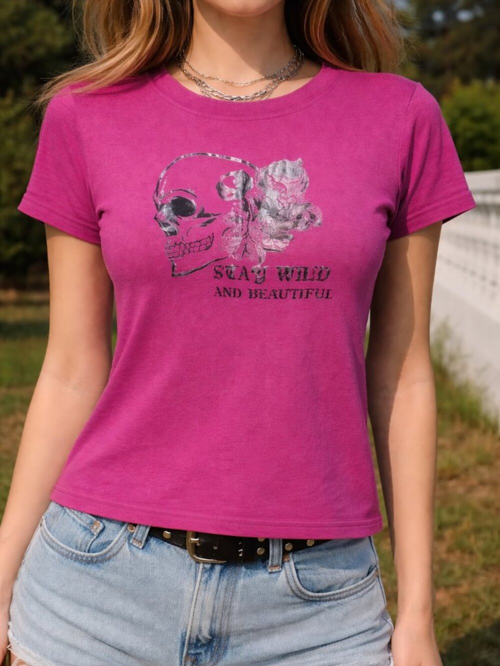 *3 FOR $9* SHEIN Stay Wild and Beautiful Skull Casual Tee Top Shirt T-shirt M